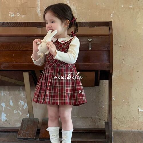 LoveXi Girls' Korean Version Trendy Checkered Dress Autumn College Style Princess Dress Baby Doll Collar Pleated Skirt