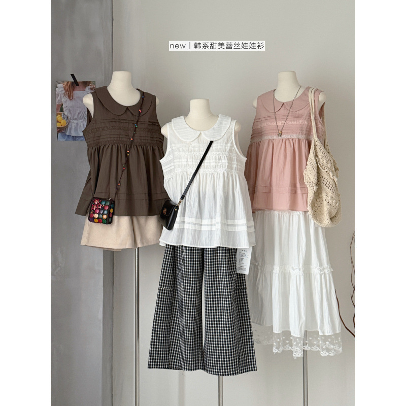 Korean-Style Youthful Sweet Girl Lace Patchwork Sleeveless Shirt for Women, Summer Loose Fit with Doll Collar Pullover Top Korean-Style Youthful Sweet Girl Lace Patchwork Sleeveless Shirt for Women, Summer Loose Fit with Doll Collar Pullover Top
