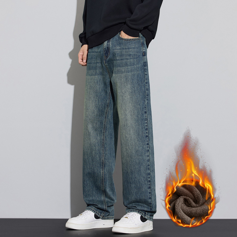 Winter collection: fleece-lined, thick, loose-fit, straight-leg, wide-leg pants, 2026 new style, washed cotton, American-style denim pants for men
