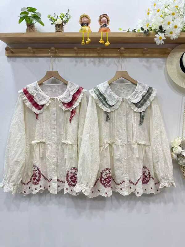 2025 Autumn Japanese Style Doll Shirt Loose Cotton Linen Shirt Versatile Embroidered Artistic Lace Top
