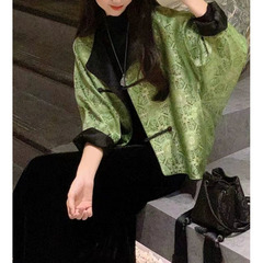 新中式唐装绿色短外套女春秋款欧货高级感中国风气质名媛开衫上衣