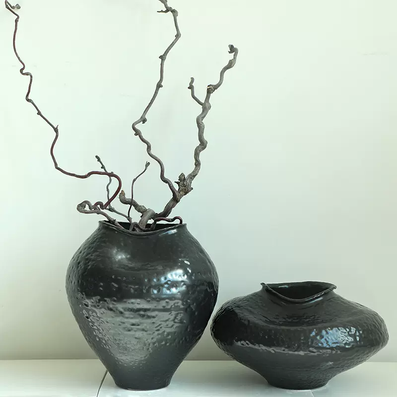 高级感异形艺术手工黑陶罐中式简约现代陶瓷花瓶摆件饰品样板间