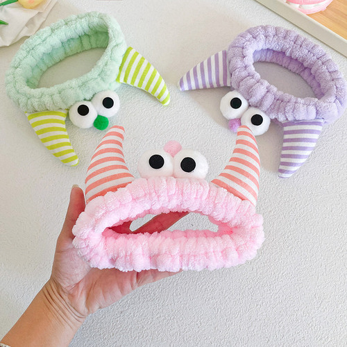 New Cartoon Cute Big Eyed Monster Horn Headband Women's Face Wash Makeup Plush Striped Horn Headband Hair Accessories