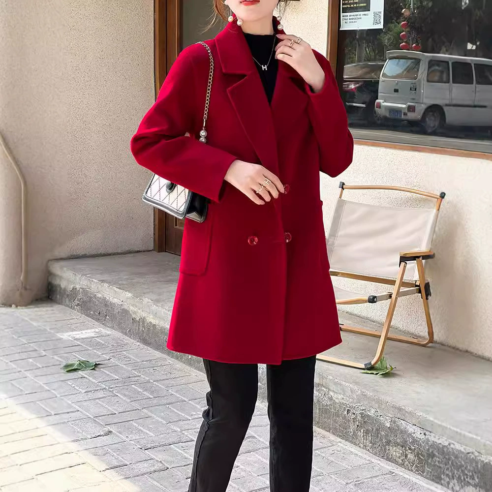 Среднедлинное пальто шерстяное пальто женское 2024 осень-зима новое двухстороннее шерстяное пальто тонкая топ мама одежда