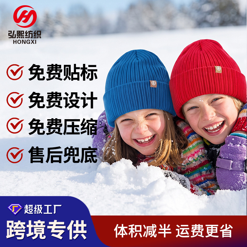 Amazon children's hats for autumn and winter, outdoor warm knitted hats, girls' fleece-lined ear protection, boys' pullover, cross-border customization