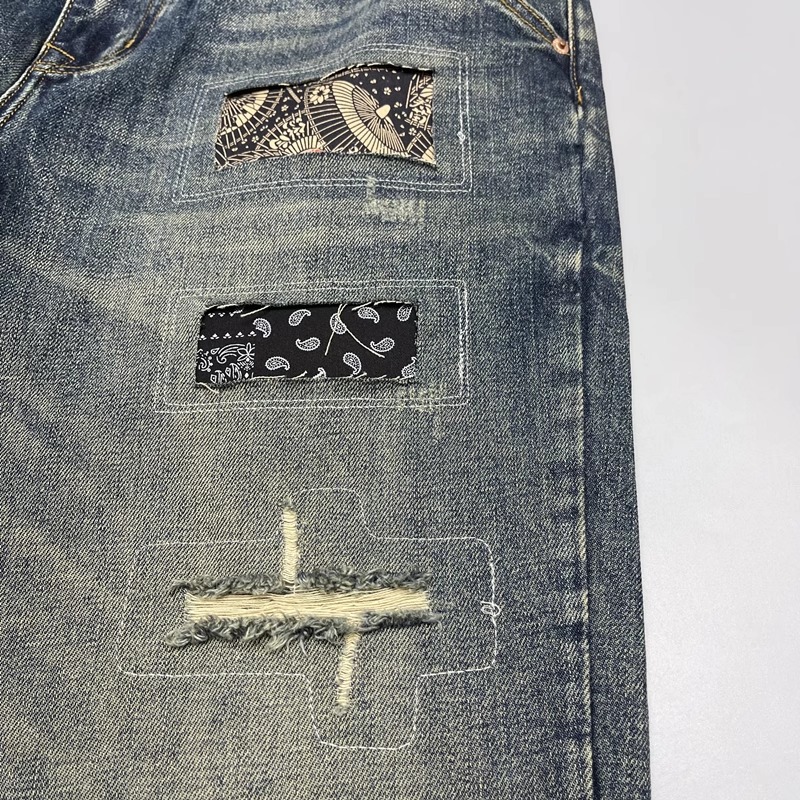 Men's Summer American Retro Loose Straight Leg Jeans Ripped Patches And Patchwork Versatile Long Pants_mkmklike.com