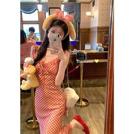 【原版做法＋内里】甜美法式红色格子吊带连衣裙子女度假风鱼尾长