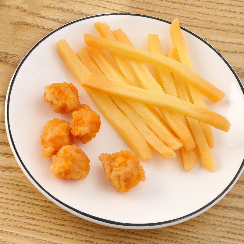 Papas fritas simuladas, palomitas de maíz de pollo, comida de juguete, pollo frito, modelo de aperitivo de PVC, decoración para juegos de simulación, comida de juguete.