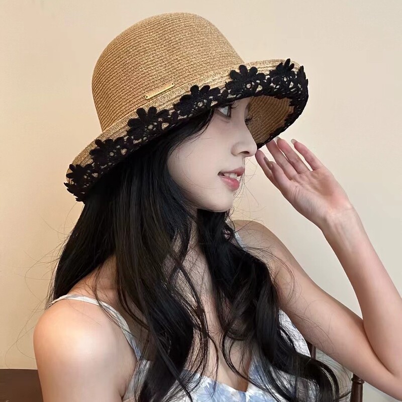 Hepburn Retro Style Lace Large Brim Straw Fisherman Hat Spring and Summer Travel Sun Protection Straw Hat New Wholesale Hepburn Retro Style Lace Large Brim Straw Fisherman Hat Spring and Summer Travel Sun Protection Straw Hat New Wholesale