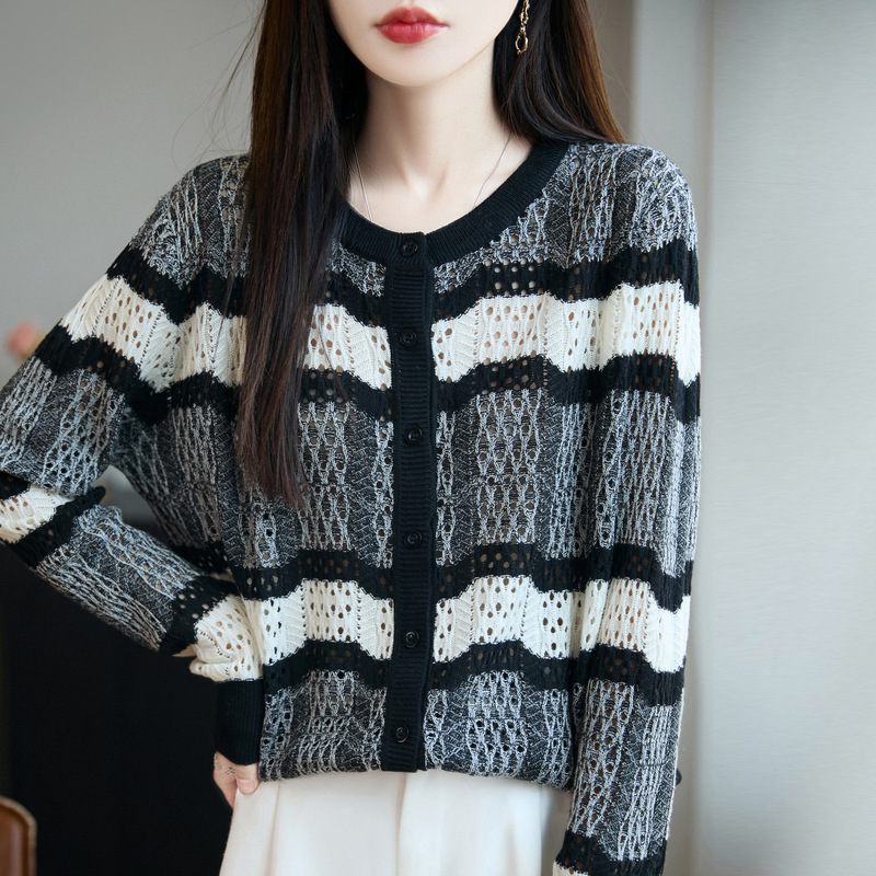 哥家商场同款女装2025秋季新款羊毛条纹镂空长袖针织衫开衫女毛衣|undefined