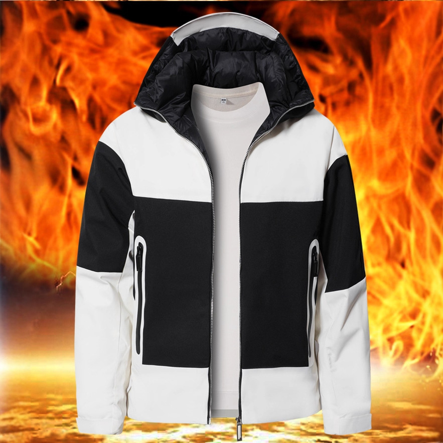 Hombre transfronterizo invierno encapuchado chaqueta juvenil de color contrastante campamento al aire libre impermeable chaqueta de pareja