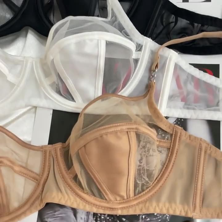 여름 큰 가슴, 투명한 반컵 브라, 섹시한 속옷, 프렌치 초박형 브라 세트, 크로스보더