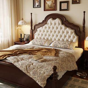 American Style Retro Solid Wooden Bed Modern Simple Master Bedroom Atmospheric Double Bed Black French Middle Princess Wedding Bed