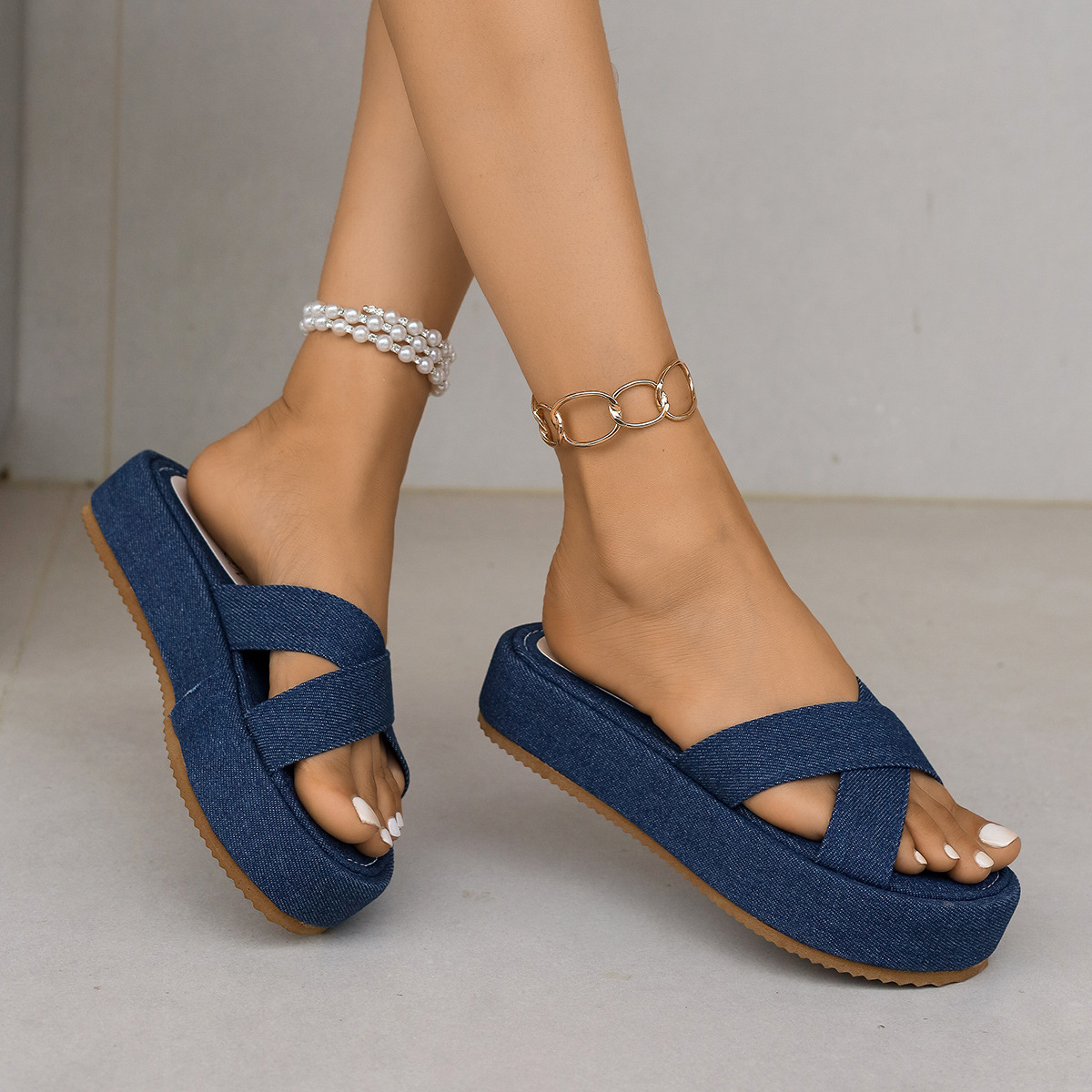 Women's Summer Platform Wedge Sandals plus Size Denim Cross Strap Footwear for Wide Feet_vogvips.com