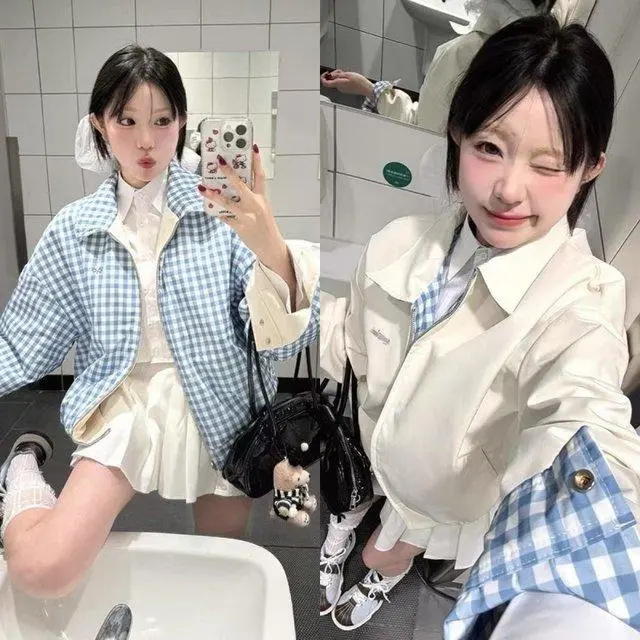 学生夹克开春外套女宽松百搭短款设计感格子双面穿翻领情侣款上衣|undefined