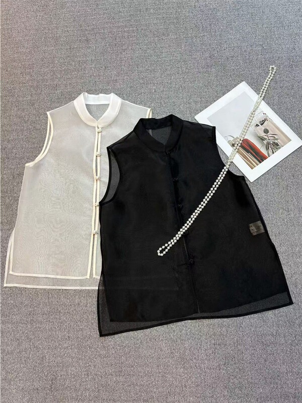 Silk Organza Chinese Style Blouse for Women 2026 Summer New Chinese Style Stand Collar Versatile Layered Thin Vest Top Silk Organza Chinese Style Blouse for Women 2026 Summer New Chinese Style Stand Collar Versatile Layered Thin Vest Top