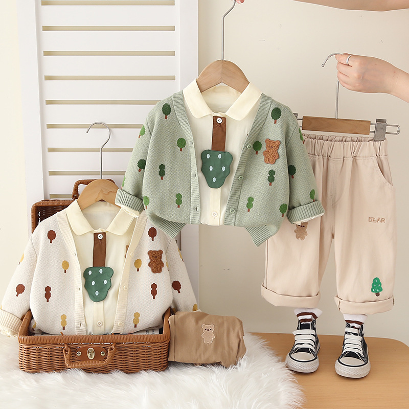 Fashion Trendy Boys' Autumn Clothes 2025 New Toddler Casual Autumn Outfit Baby Full-Body Small Tree Cardigan Three-Piece Set