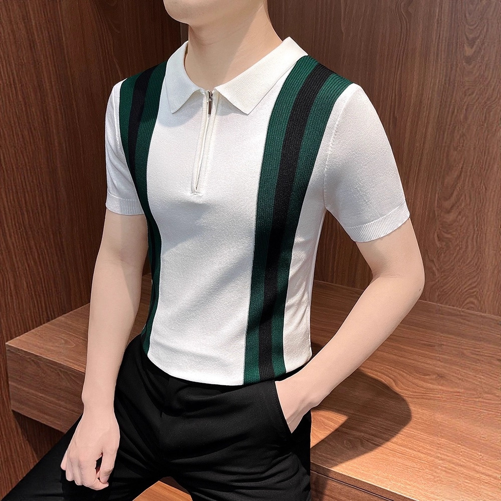 High-End 2025 Summer Green Slim Polo Shirt Short-Sleeved Men's Color-Blocked Stripesd Slim Top Lapel T-Shirt for Men