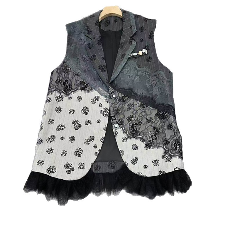 Marca de marea europea 2026 primavera y verano nuevo estilo estilo estilo extranjero empalme Jacquard cuello chaleco de mujer medio largo chaleco image 5