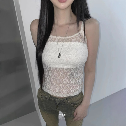 Summer Four-Color Korean Ins Japanese Bubble Small Flower Lace Solid Color Tank Top Underwear Layering Single Piece