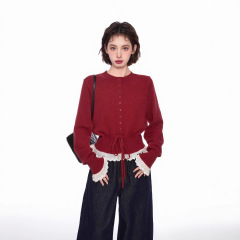 2025新款假两件蕾丝针织毛衣女秋冬季小个子短款收腰开衫外套上衣