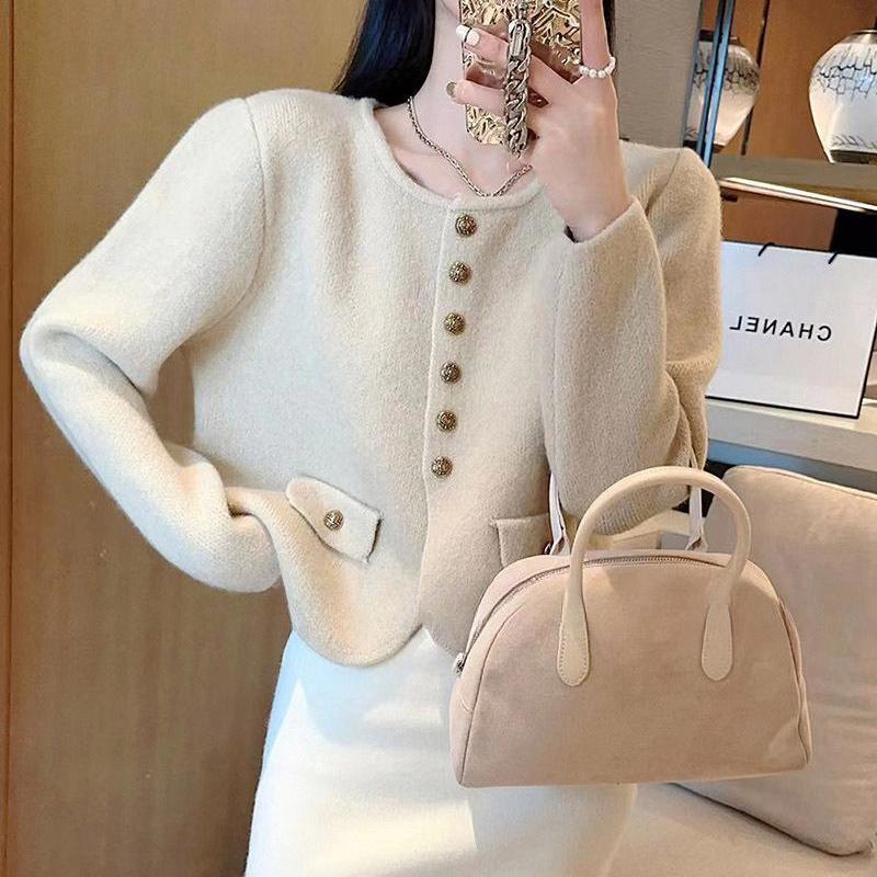Áo khoác cardigan nữ dáng ngắn cổ tròn tay dài phong cách thanh lịch — Màu hồng [Chất lượng cao], Màu thẻ sáng [chất lượ — 3/12