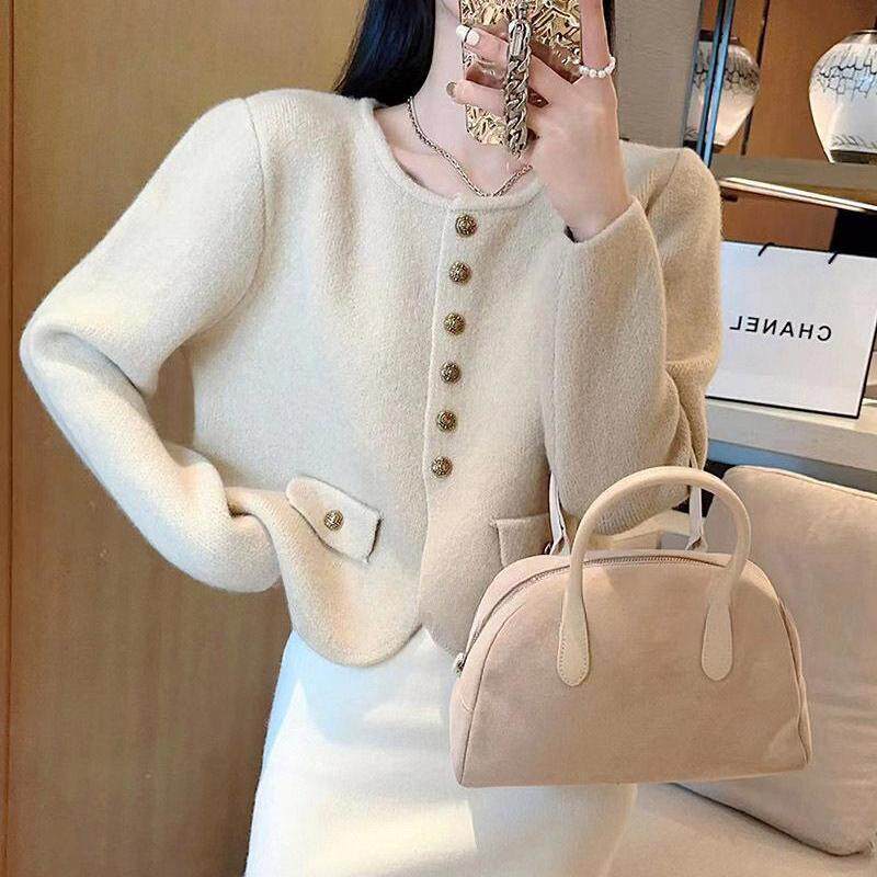 Áo khoác cardigan nữ dáng ngắn cổ tròn tay dài phong cách thanh lịch — Màu hồng [Chất lượng cao], Màu thẻ sáng [chất lượng cao], Màu đỏ [Chất lượng cao], Trắng [Chất lượng cao]