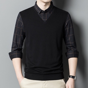 Brand Wool T-shirt 2024 Autumn and Winter New Young and Middle-aged Men's Fake Two-piece Shirt Collar Warm Base Shirt Casual
