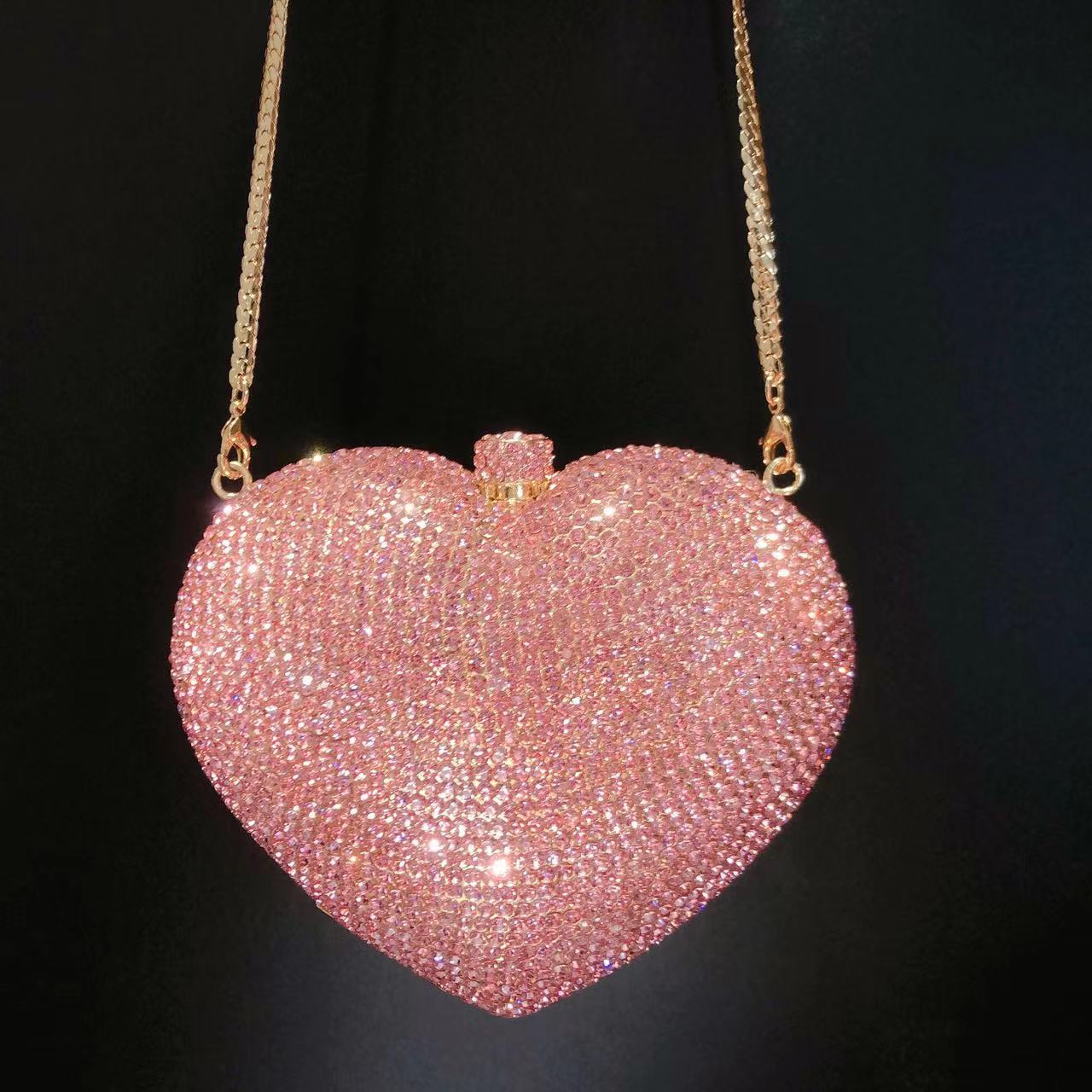Túi clutch nữ đính pha lê hình trái tim dự tiệc — Màu hồng, Cá tính đặt làm, Màu đỏ, Vàng pha lê chi tiết 15