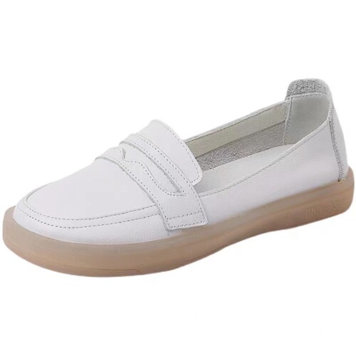 2024 New Spring Top Layer Cowhide Women's Shoes White Shoes Single Shoes Loafers Women's Flat Heel Round Toe Versatile Slip-On