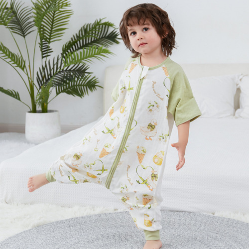 Summer bamboo cotton infant split-leg sleeping bag gauze children's short-sleeved antibacterial bamboo fiber baby pajamas Category A thin