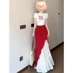 韩系正肩半袖tシャツ砕花半身スカートスーツ女性夏の新高級感気質甘い2点セット