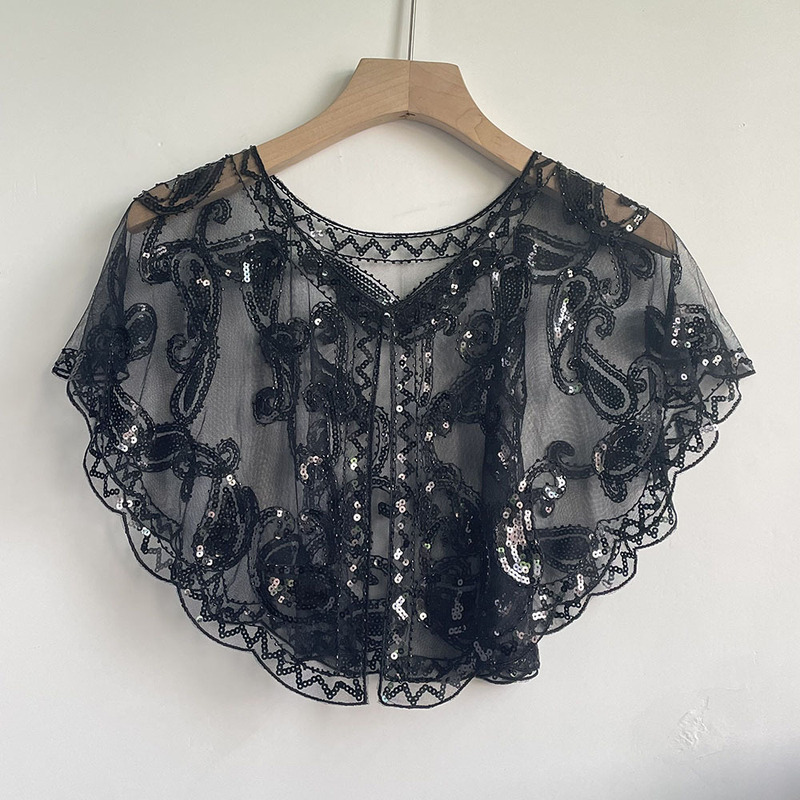 European and American Jacket All-match Autumn Lace Single Button Wand Short Sequin Mesh Evening Dress Shawl Top Trendy Blouse