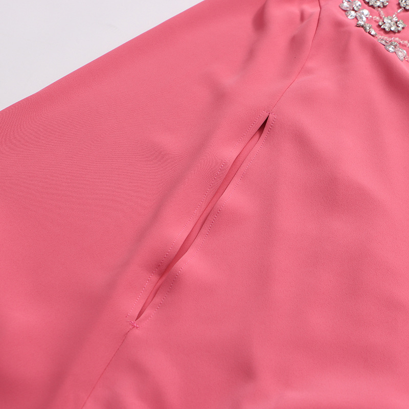 Elegant French-Style Cape Dress With Rhinestone Details - Flowy Batwing Sleeve Maxi Dress For Women, Soft Pink Pure Color Stretch_ecoleips.com