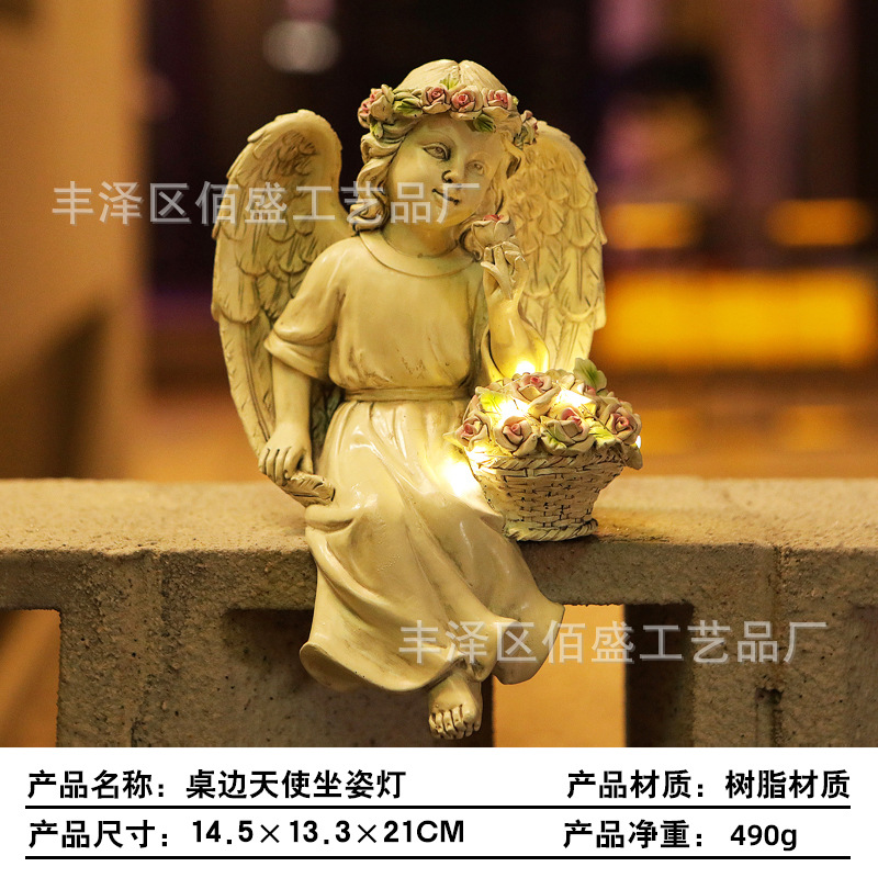 Cementerio transfronterizo Angel decoración césped al aire libre decoración de patio lámpara solar mesa Angel canasta de resina estatua