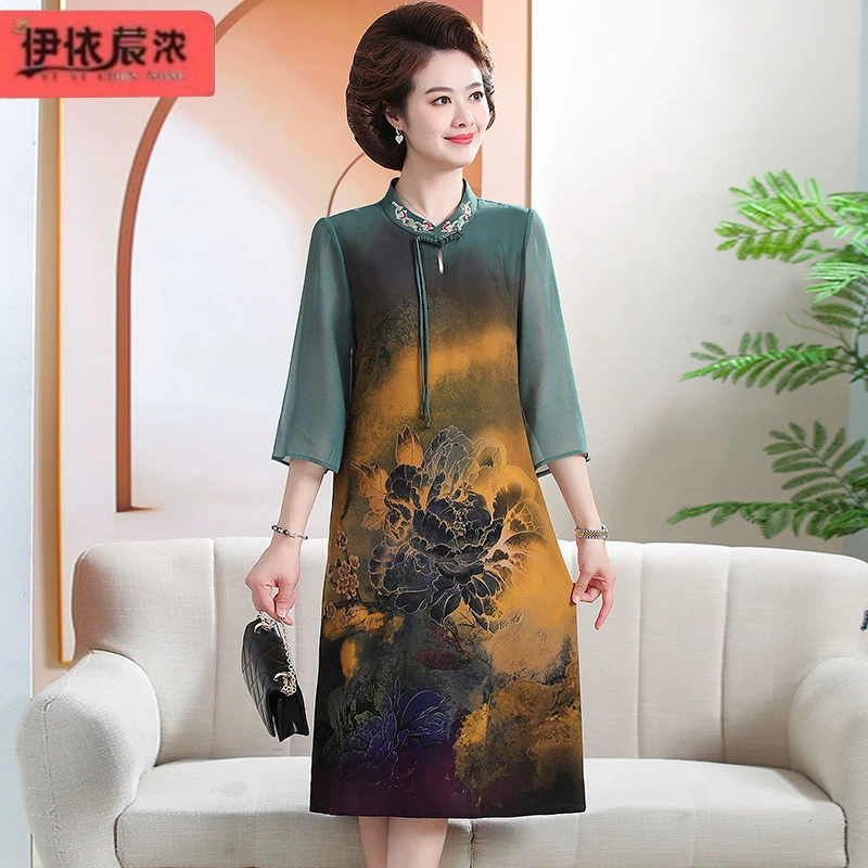 Национальная ветровая печать мама летнее платье с короткими рукавами 2024 новая женская 50-летняя юбка с принтом