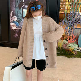 韩系软糯针织外套女秋冬新款V领加厚高级感慵懒风宽松毛衣开衫女