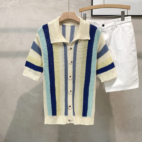 Men's Vintage Light Mature Vacation Style Dopamine Striped Loose Casual T-shirt with Lattice Knit