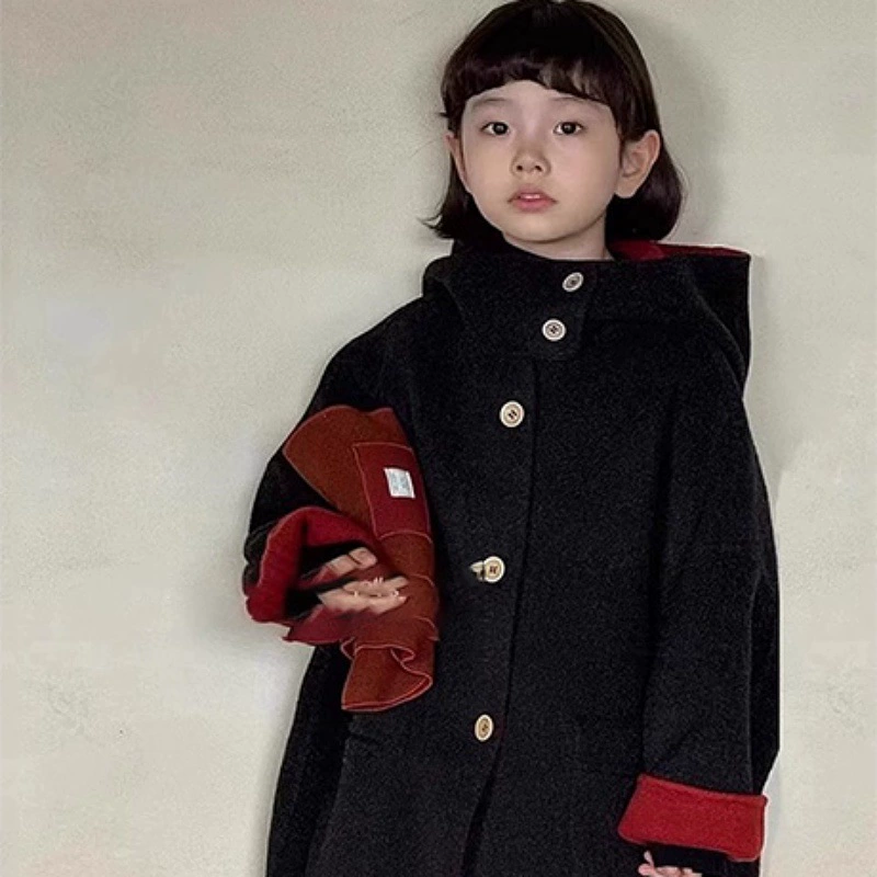 Двустороннее шерстяное пальто для девочек, новинка зимы 2025, универсальная детская двусторонняя шерстяная куртка средней длины