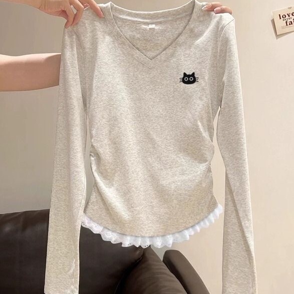 Stunning V-Neck Long-Sleeve Top for Women, 2026 Early Autumn New Lace-Trimmed Waist-Cinching Unique Design T-Shirt, Cross-Border Stunning V-Neck Long-Sleeve Top for Women, 2026 Early Autumn New Lace-Trimmed Waist-Cinching Unique Design T-Shirt, Cross-Border