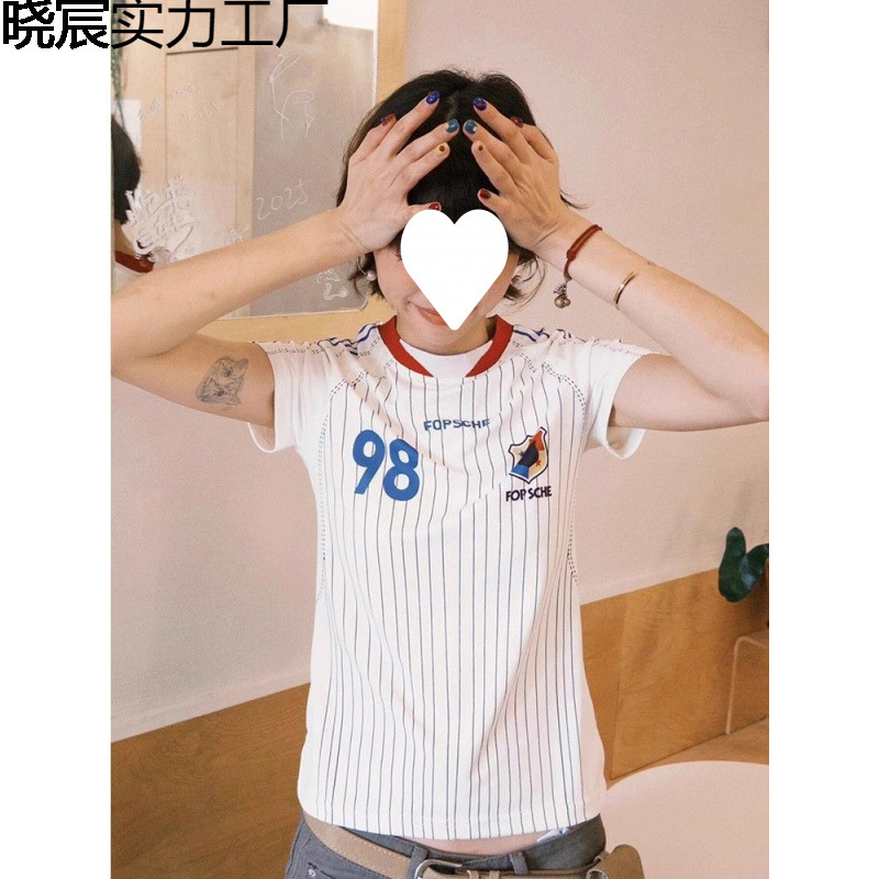 210克40支纯棉竖条纹纯棉正肩短袖夏季修身显瘦撞色拼接上衣