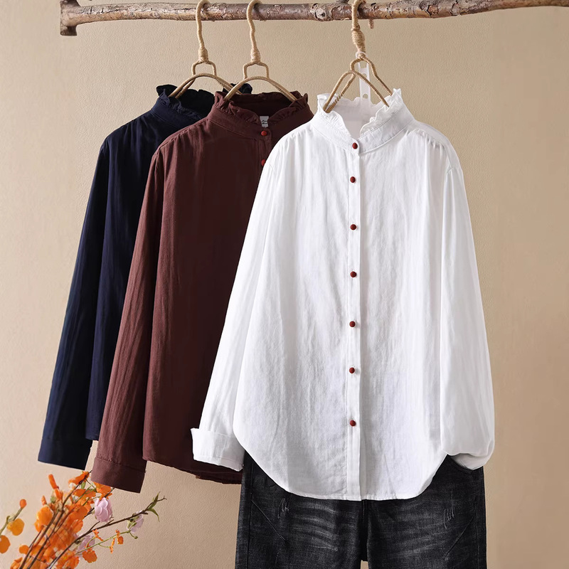 Collared Double-Layer Cotton Gauze Shirt for Women, Long-Sleeved, Soft, Skin-Friendly, Breathable Gauze, Retro Literary Bead Button Bottoming Top