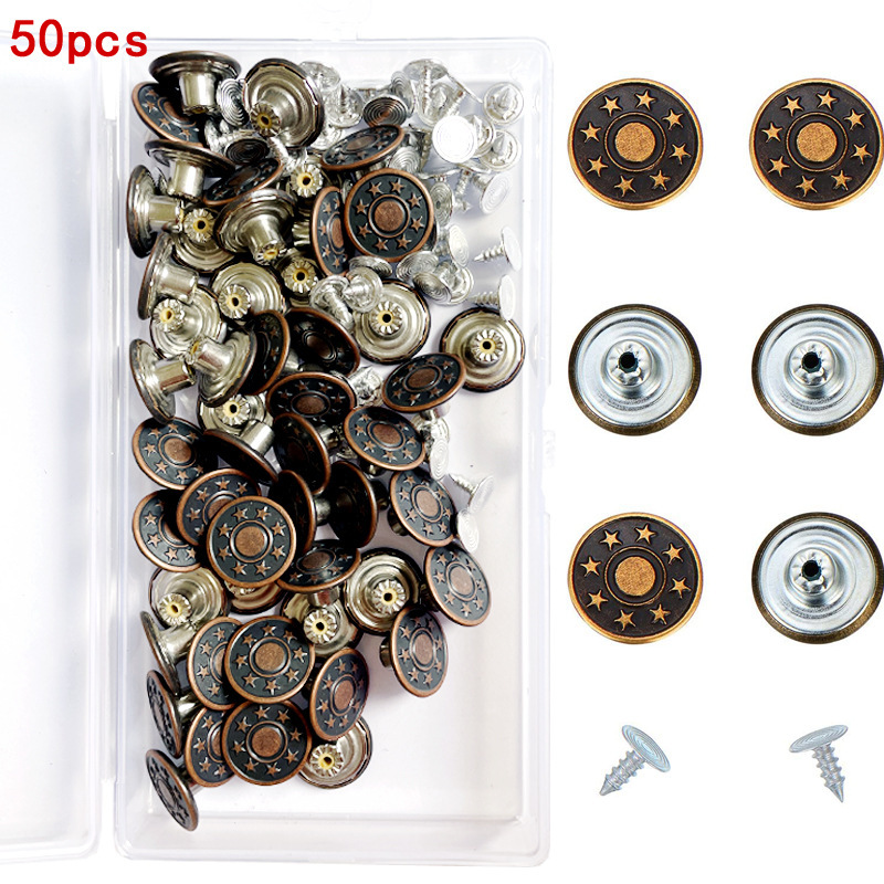 17mm Denim Buttons 100 Sets + Tool Box Set Metal I-Shaped Buttons Strap Buttons Adjustment Buttons Waist Cinch Buttons