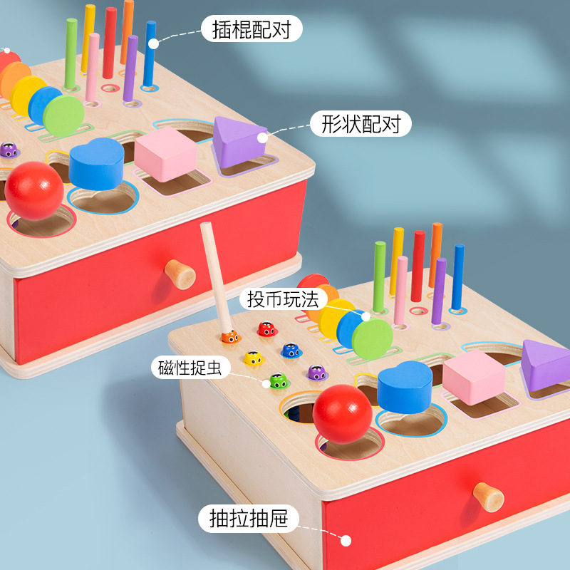 Multi-activity wooden sorting box showing peg matching, shape matching and magnetic play