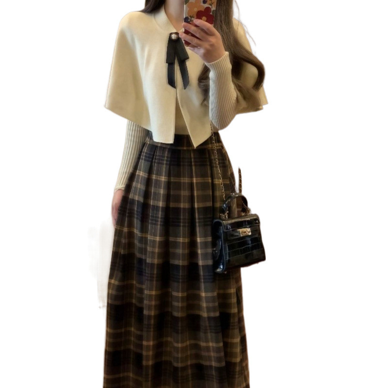 秋冬留洋千金风美拉德穿搭两件套斗篷上衣格子高腰半身裙套装裙女|undefined
