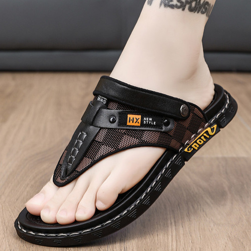 Summer Dual-Purpose Men's Driving Sandals Beach Trendy Outdoor Waterproof Herringbone Slippers with Toe Straps