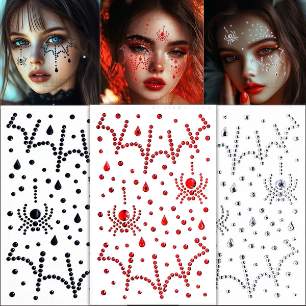 Halloween Dark Witch Face Sticker Spider Sticker Black Makeup Stage Diamond Sticker Music Festival