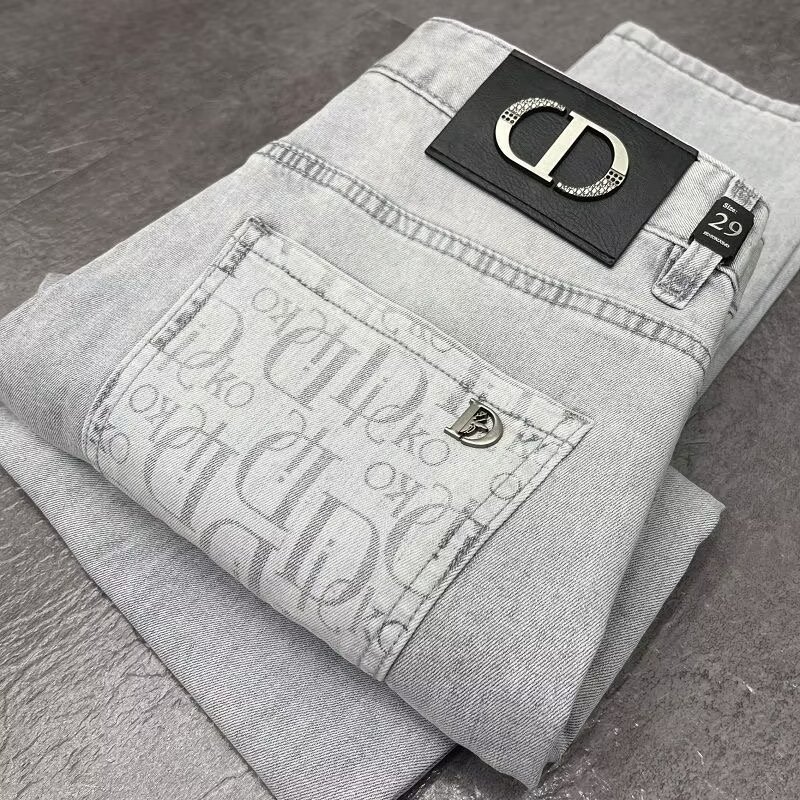High-end Trendy Brand New Jeans Men's Summer Printed Casting Washed Grey Comfortable All-match Slim-fit Straight Pants