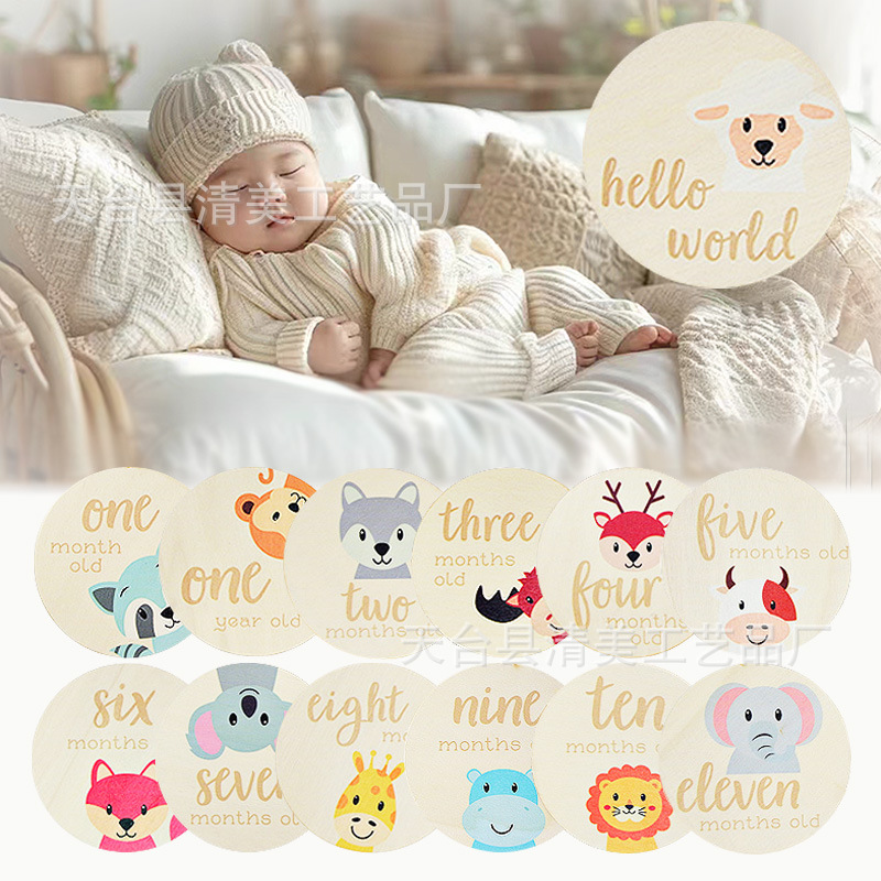 Milestone de crecimiento de bebé de madera accesorios de fotografía de bebé patrón de animal tarjeta de mes