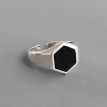 黑色六边形戒指时尚个性设计感滴胶几何开口食指关节指环厂家批发